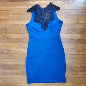 Elegant Black Lace Deep Cut Back Blue Cocktail Dress Medium M